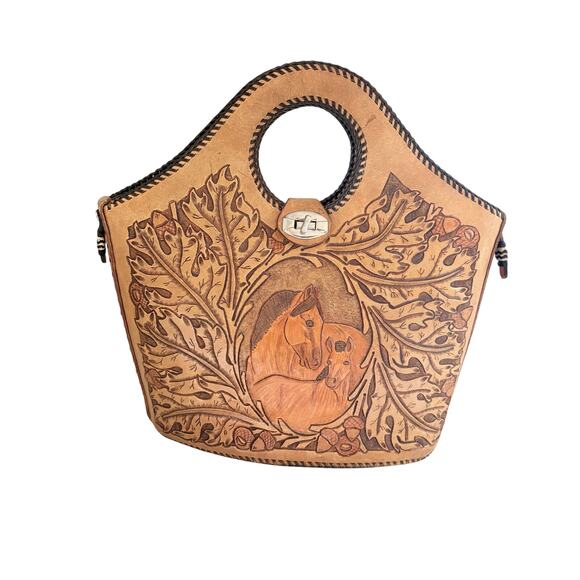 Vintage Hand Tooled Leather Horse Tote Bag Western Thunderbirds Southwest - Picture 1 of 7